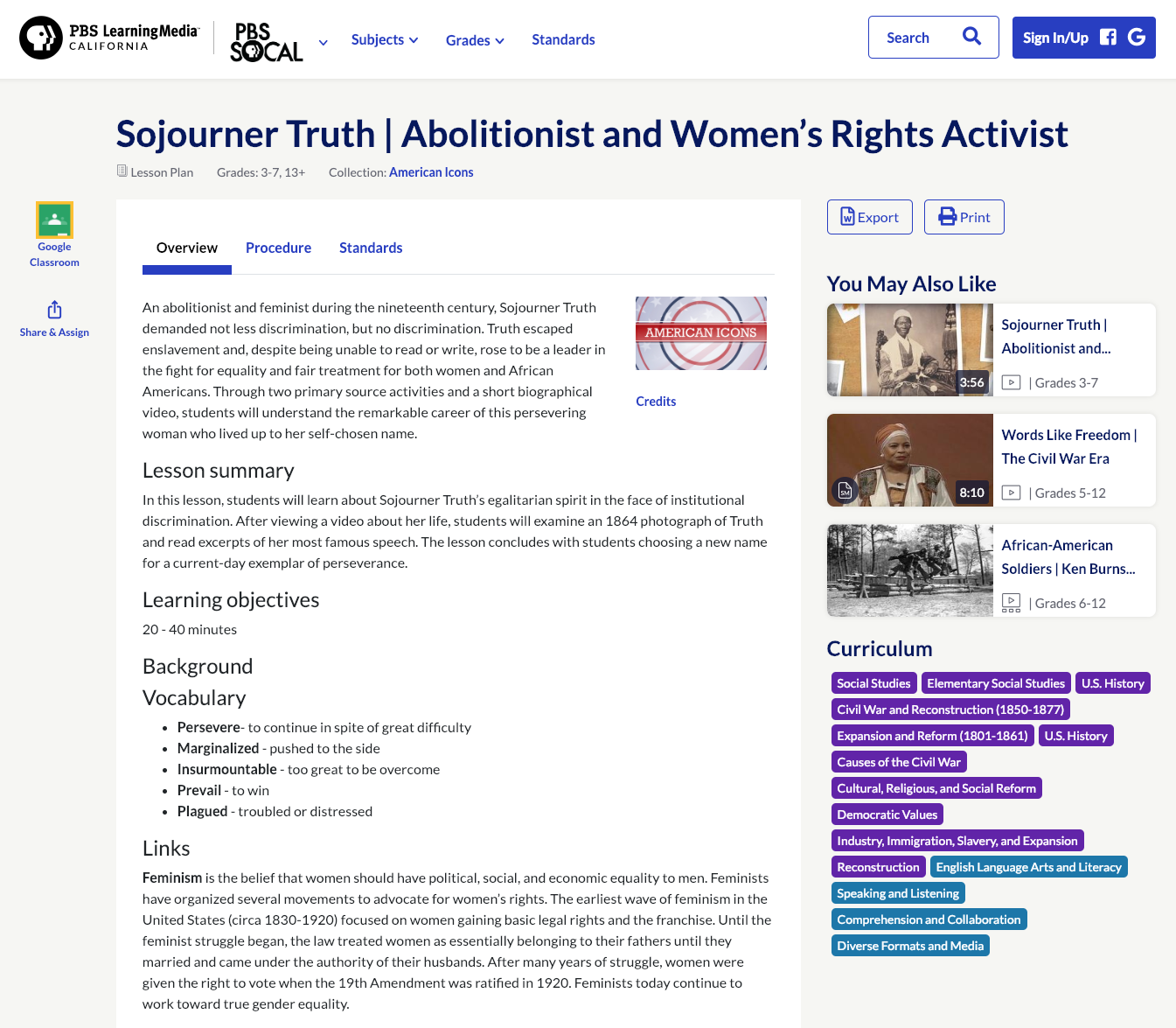 Sojourner Truth: Abolitionist and Women’s Rights Activist Lesson Plan