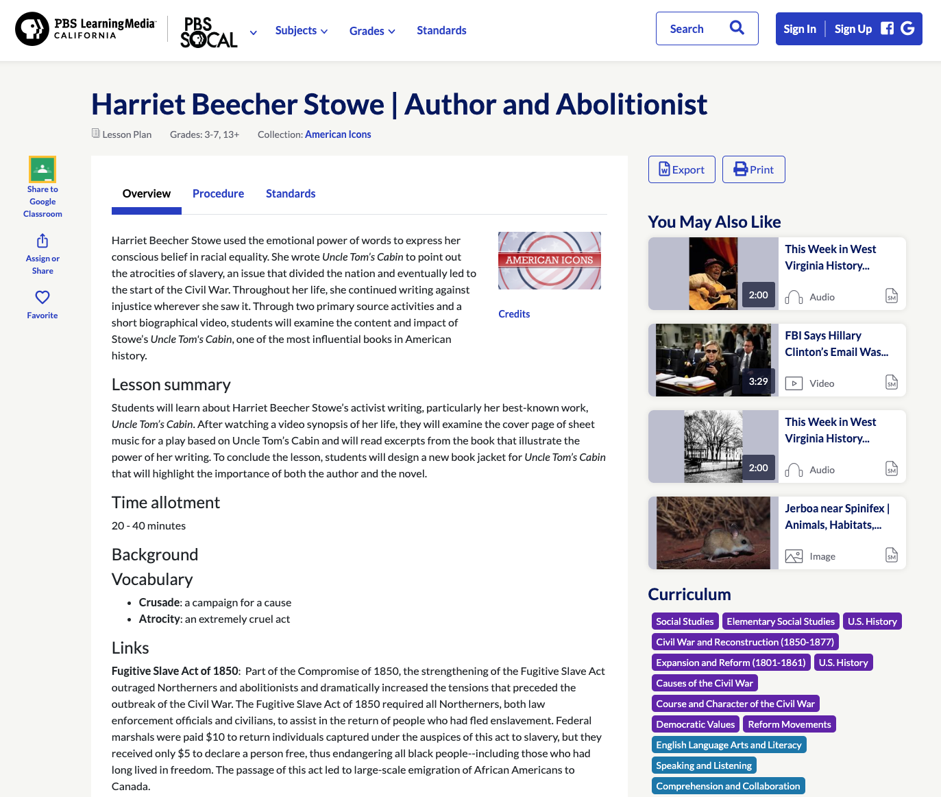 Harriet Beecher Stowe: Author and Abolitionist Lesson Plan