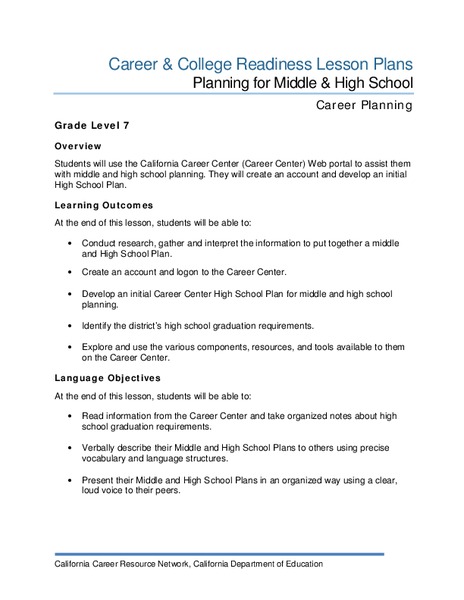 Planning for Middle and High School Lesson Plan