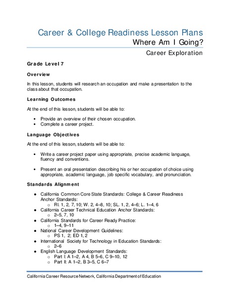 Where Am I Going? Lesson Plan
