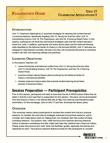 America's History in the Making: Classroom Applications Three Unit Plan