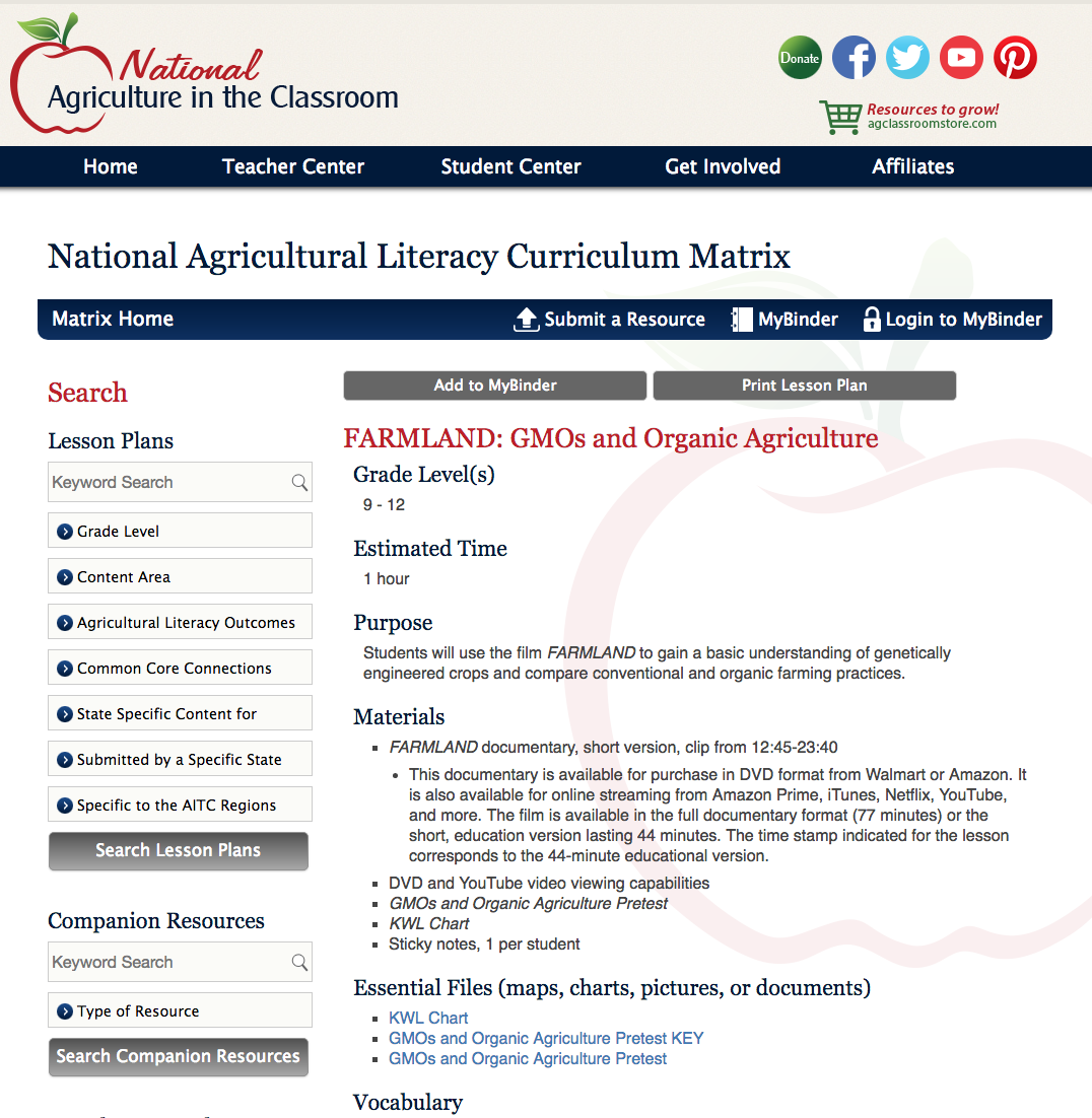 Farmland: GMOs and Organic Agriculture Lesson Plan