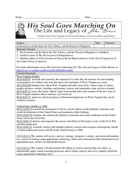 Declarations and the Quest for Life, Liberty and the Pursuit of Happiness Lesson Plan