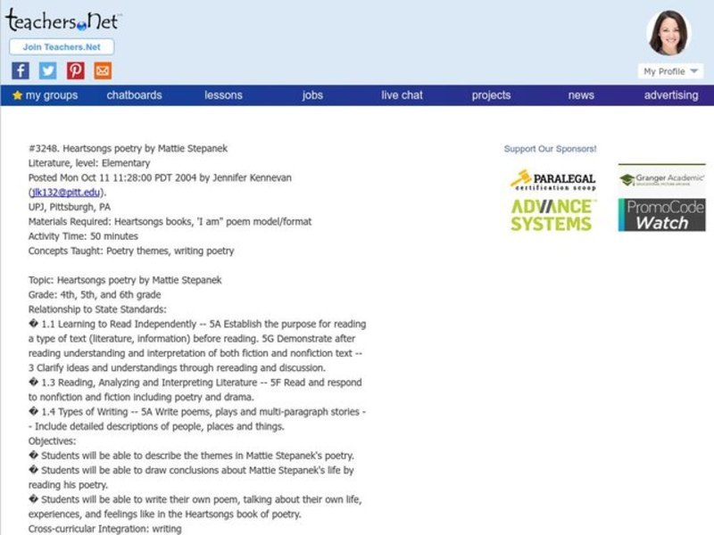 Heartsongs Poetry by Mattie Stepanek Lesson Plan