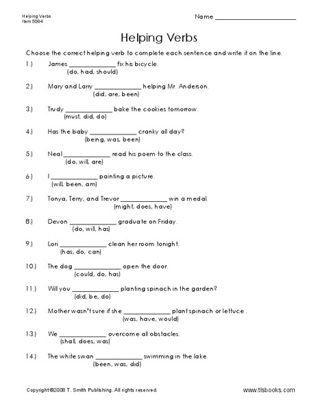 Helping Verbs Worksheet