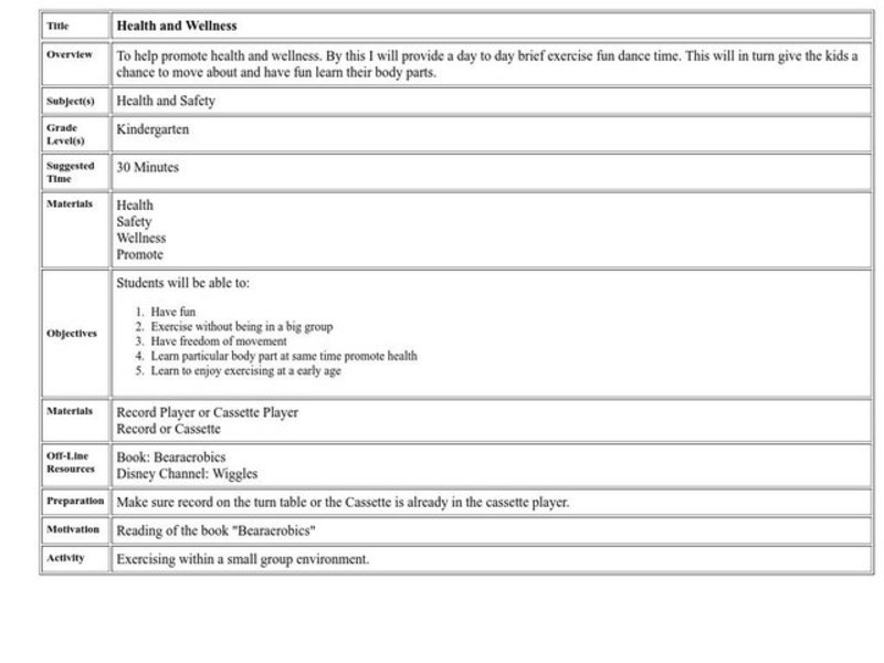 Health and Wellness Lesson Plan