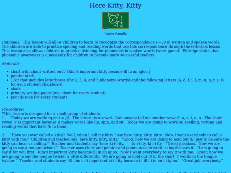 Here Kitty, Kitty Lesson Plan