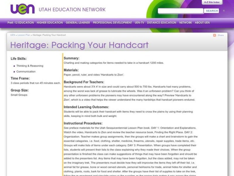 Heritage: Packing Your Handcart Lesson Plan