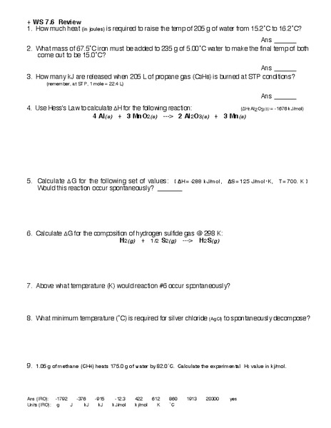 Hess's Law Worksheet