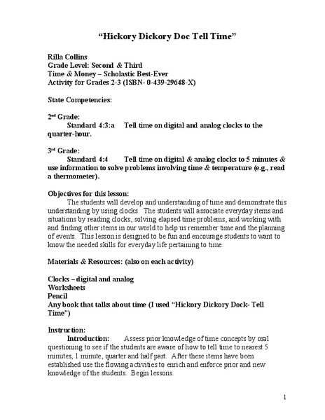 Hickory Dickory Doc Tell Time Lesson Plan