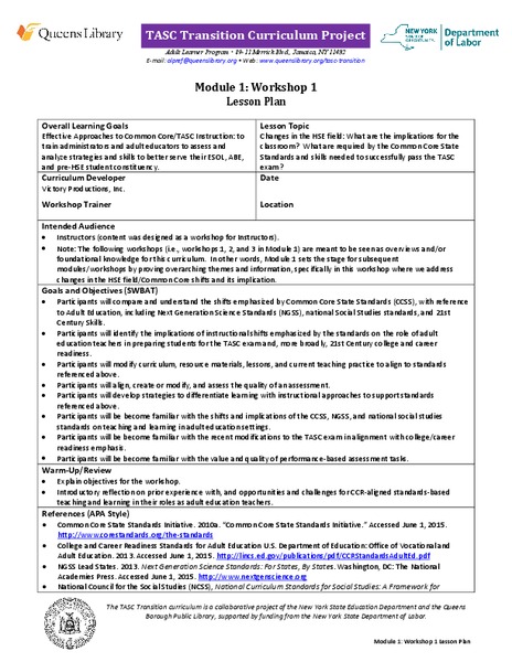TASC Transition Curriculum: Workshop 1 Lesson Plan