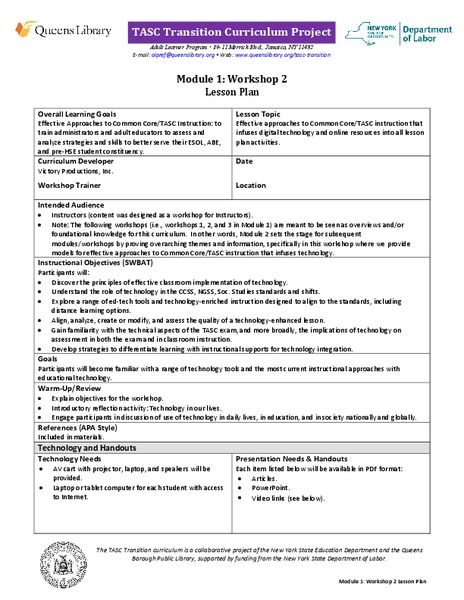 TASC Transition Curriculum: Workshop 2 Lesson Plan