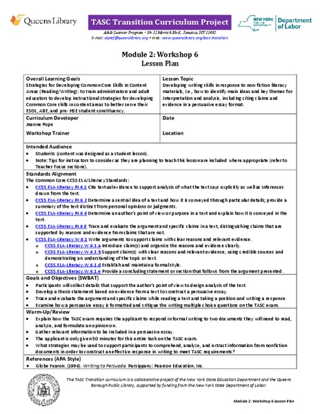 TASC Transition Curriculum: Workshop 6 Lesson Plan