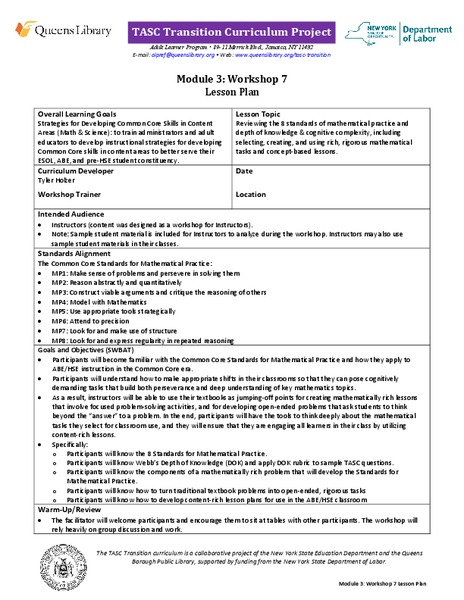 TASC Transition Curriculum: Workshop 7 Lesson Plan