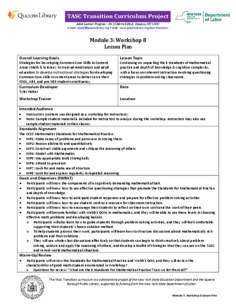 TASC Transition Curriculum: Workshop 8 Lesson Plan
