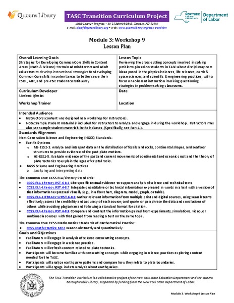 TASC Transition Curriculum: Workshop 9 Lesson Plan