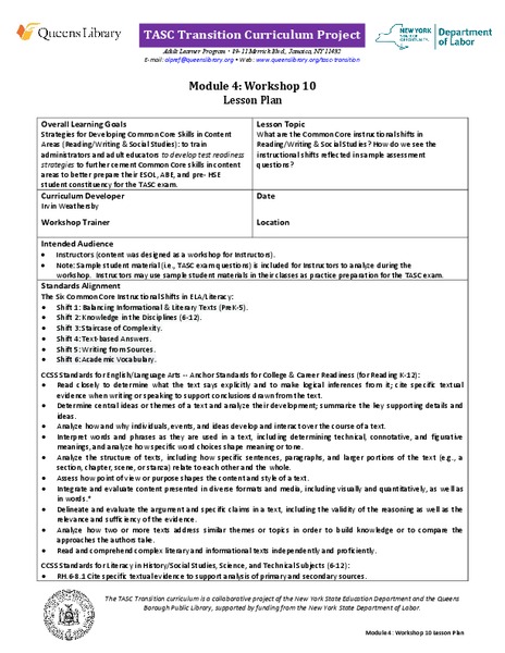 TASC Transition Curriculum: Workshop 10 Lesson Plan