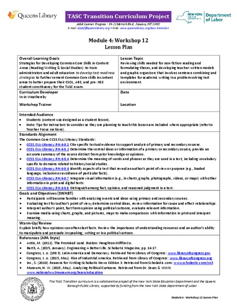 TASC Transition Curriculum: Workshop 12 Lesson Plan