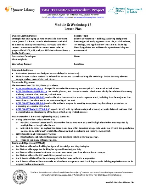 TASC Transition Curriculum: Workshop 15 Lesson Plan