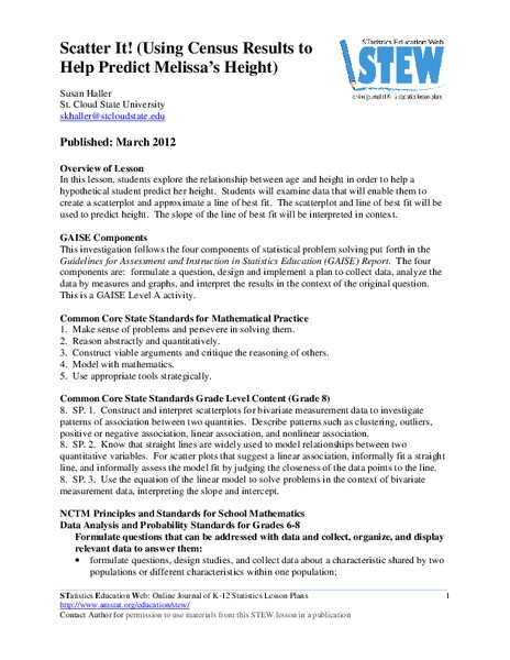 Scatter It! (Using Census Results to Help Predict Melissa’s Height) Lesson Plan