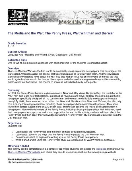 The Media and the War: The Penny Press, Walt Whitman and the War Lesson Plan