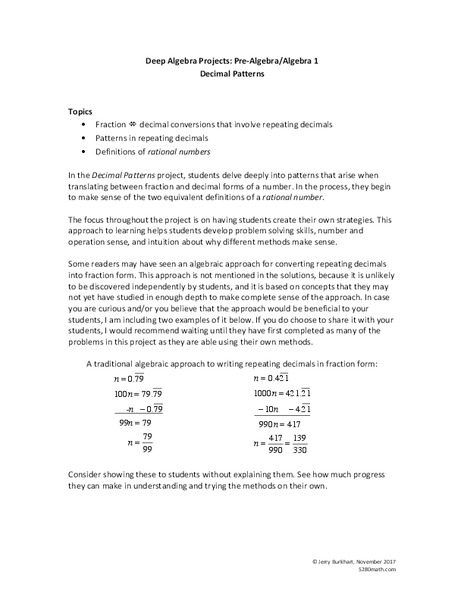 Decimal Patterns Activity