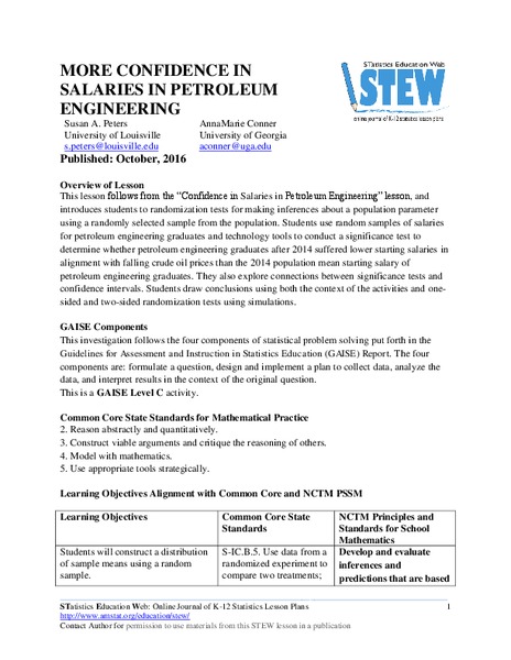 More Confidence in Salaries in Petroleum Engineering Lesson Plan
