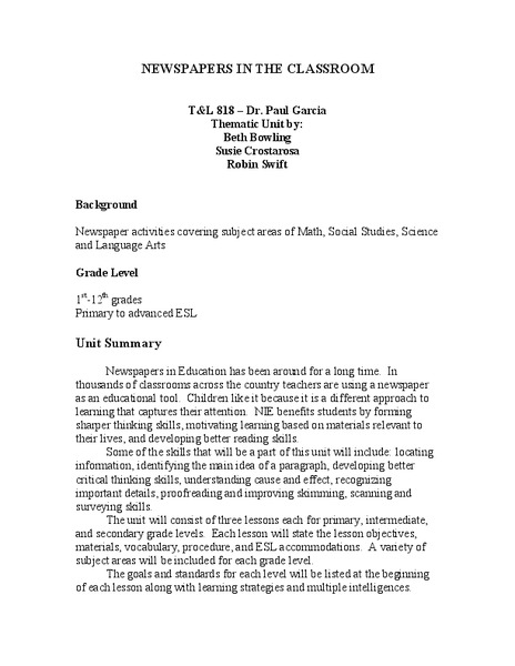 Newspaper in the Classroom Unit Plan