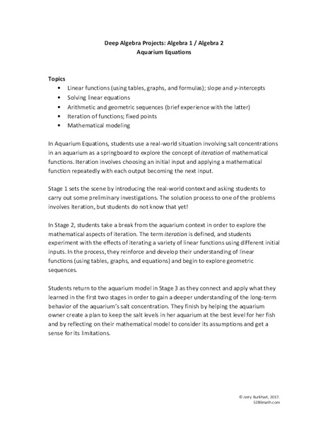 Aquarium Equations Activity