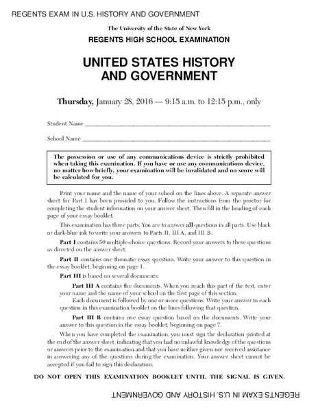 US History and Government Examination: January 2016 Assessment