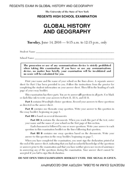 Global History and Geography Examination: June 2016 Assessment