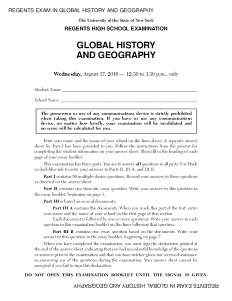 Global History and Geography Examination: August 2016 Assessment