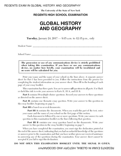 Global History and Geography Examination: January 2017 Assessment