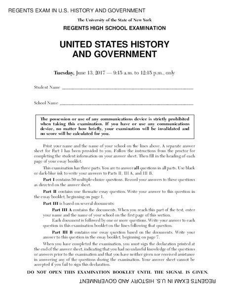 US History and Government Examination: June 2017 Assessment