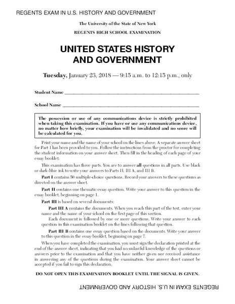 US History and Government Examination: January 2018 Assessment