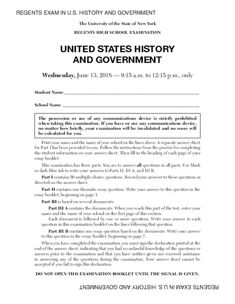 US History and Government Examination: June 2018 Assessment