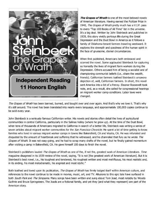 John Steinbeck The Grapes of Wrath — Independent Reading Handout