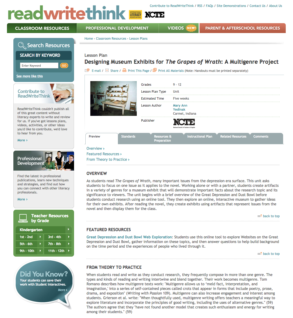 Designing Museum Exhibits for The Grapes of Wrath: A Multigenre Project Lesson Plan