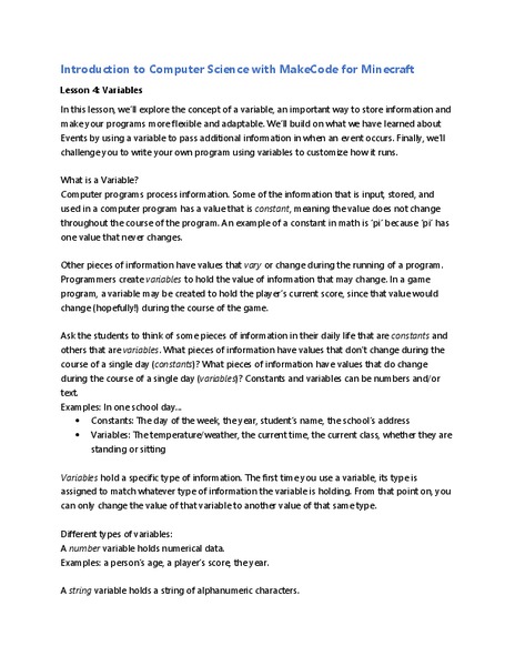 Variables Lesson Plan