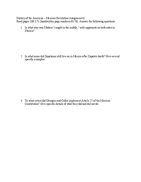 History of the Americas – Mexican Revolution  Worksheet