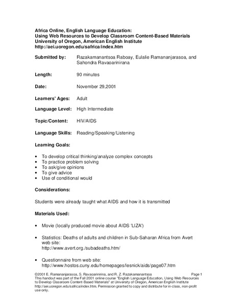 HIV/AIDS Lesson Plan
