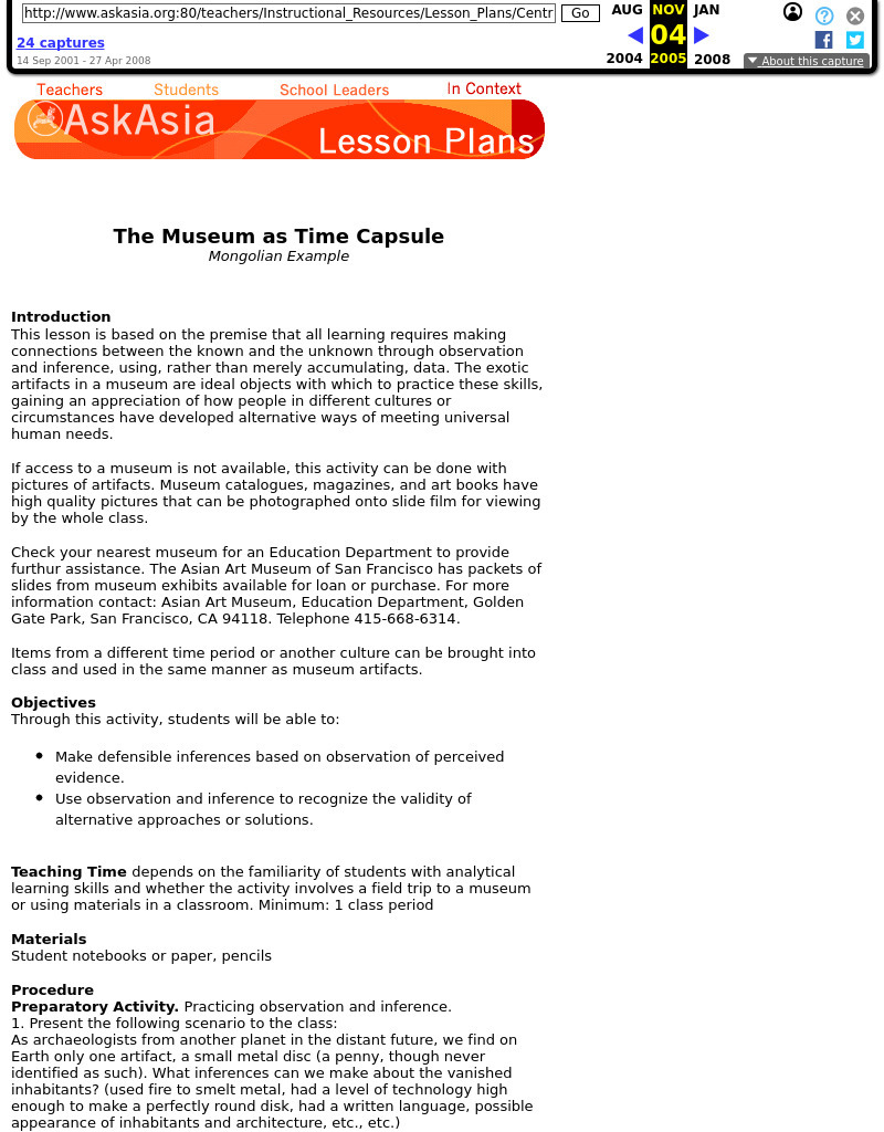 The Museum as a Time Capsule: Mongolian Example Lesson Plan