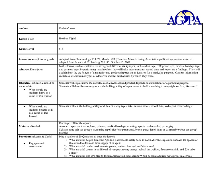 Hold on Tight! Lesson Plan