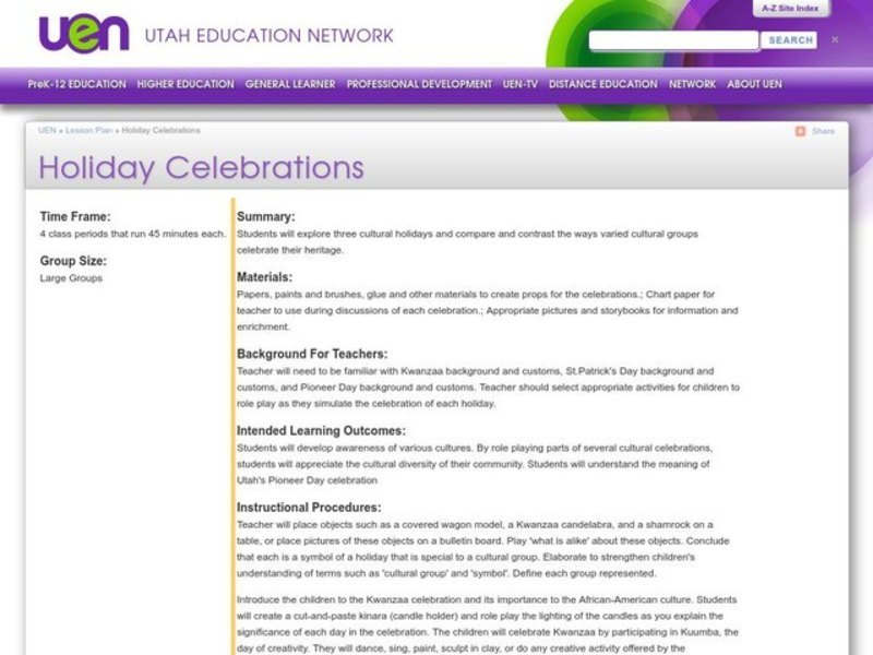 Holiday Celebrations Lesson Plan