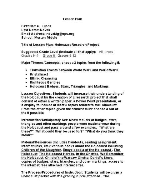 Holocaust Research Project Lesson Plan