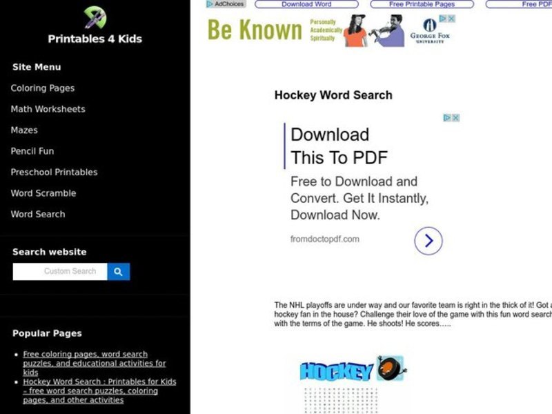 Hockey Word Search Worksheet