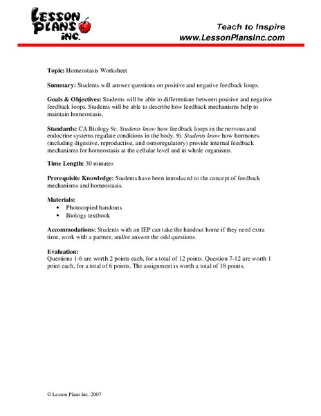 Homeostasis Worksheet