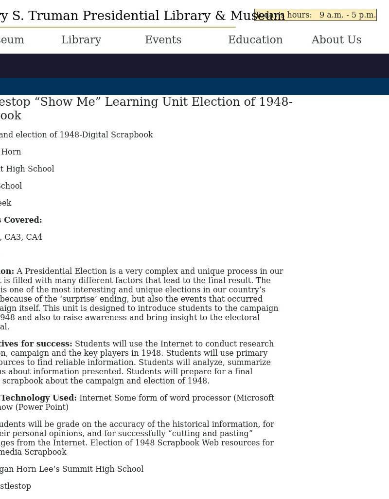 Project Whistlestop “Show Me” Learning Unit Election of 1948-Digital Scrapbook Lesson Plan