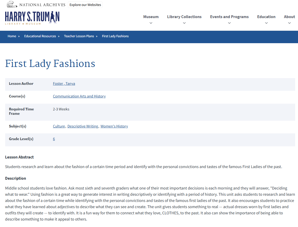 First Lady Fashions Lesson Plan