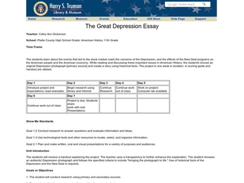 The Great Depression Essay Lesson Plan